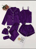 7 Pcs Women's Shamose Silk Nightwear Set | Camisole, Shirt, Trouser & Shorts | Piping Work Sleepwear | Scrunch, Eye Mask & Potli Bag | Luxury Night Suit