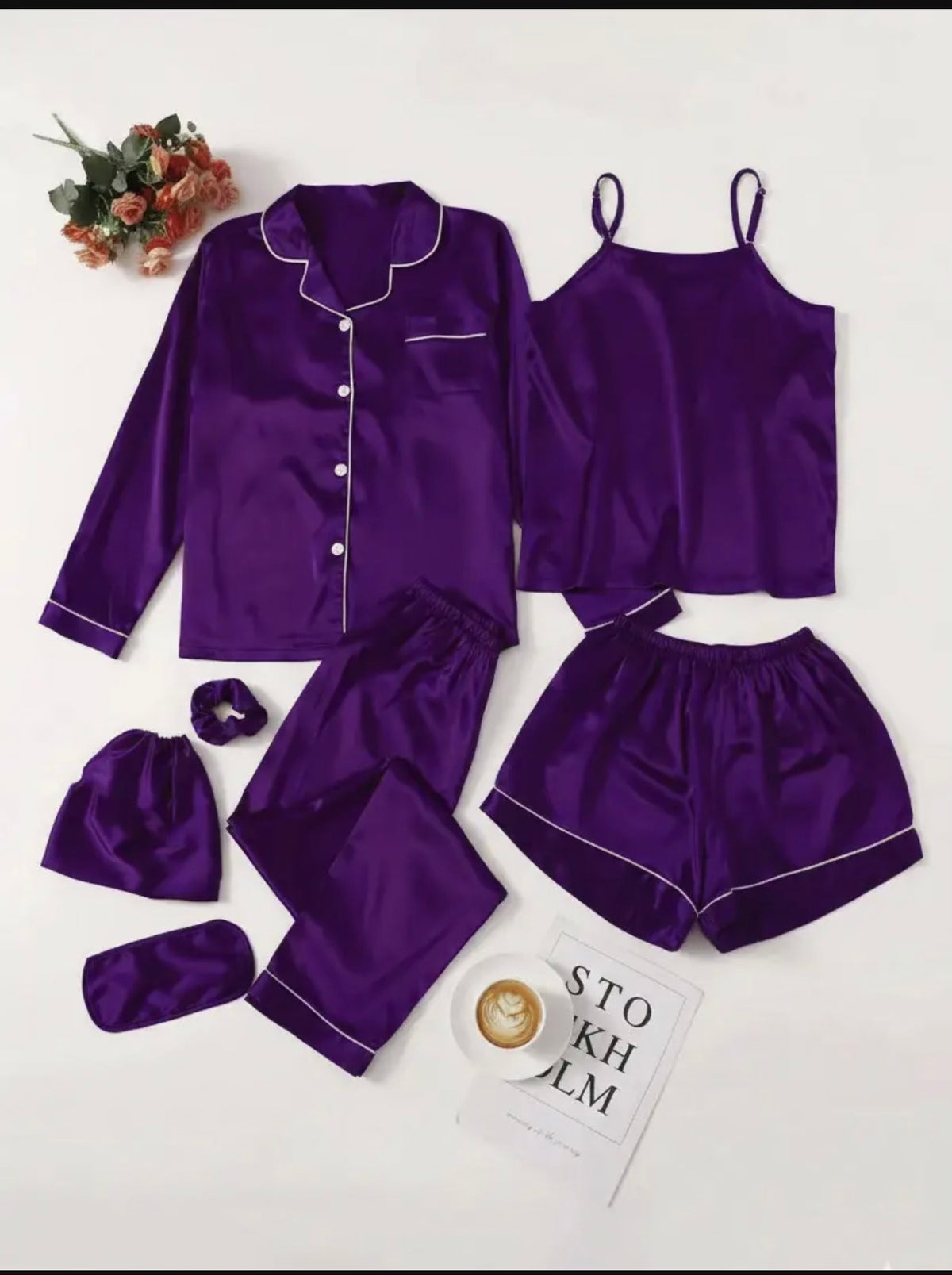 7 Pcs Women's Shamose Silk Nightwear Set | Camisole, Shirt, Trouser & Shorts | Piping Work Sleepwear | Scrunch, Eye Mask & Potli Bag | Luxury Night Suit