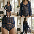 Luxury 3 Pcs Transparent Nighty (Gown Top Shorts)Net Lace Comfortable And Light weight Lingerie Set