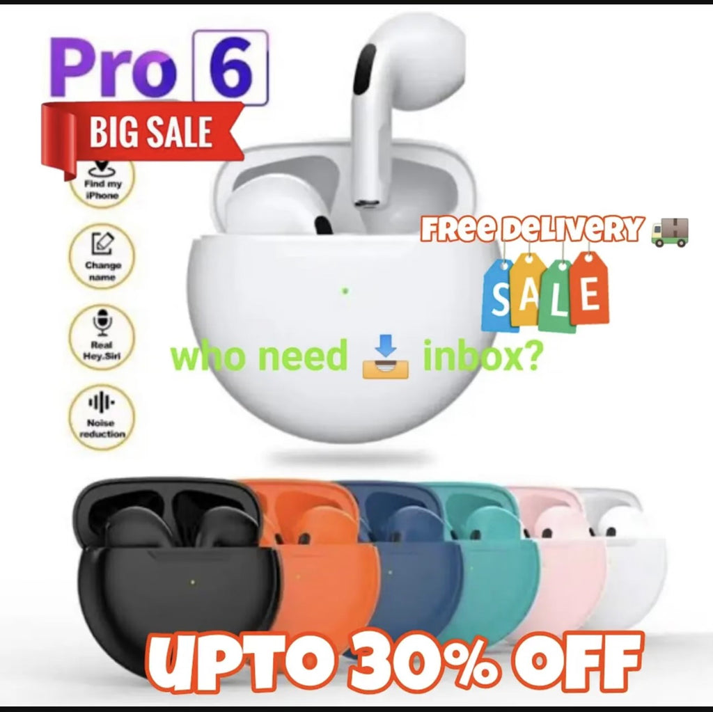 Pro 6 Hi-Fi Wireless Airbuds 5.0 Bluetooth Earphone Slim small size with Charging Case White