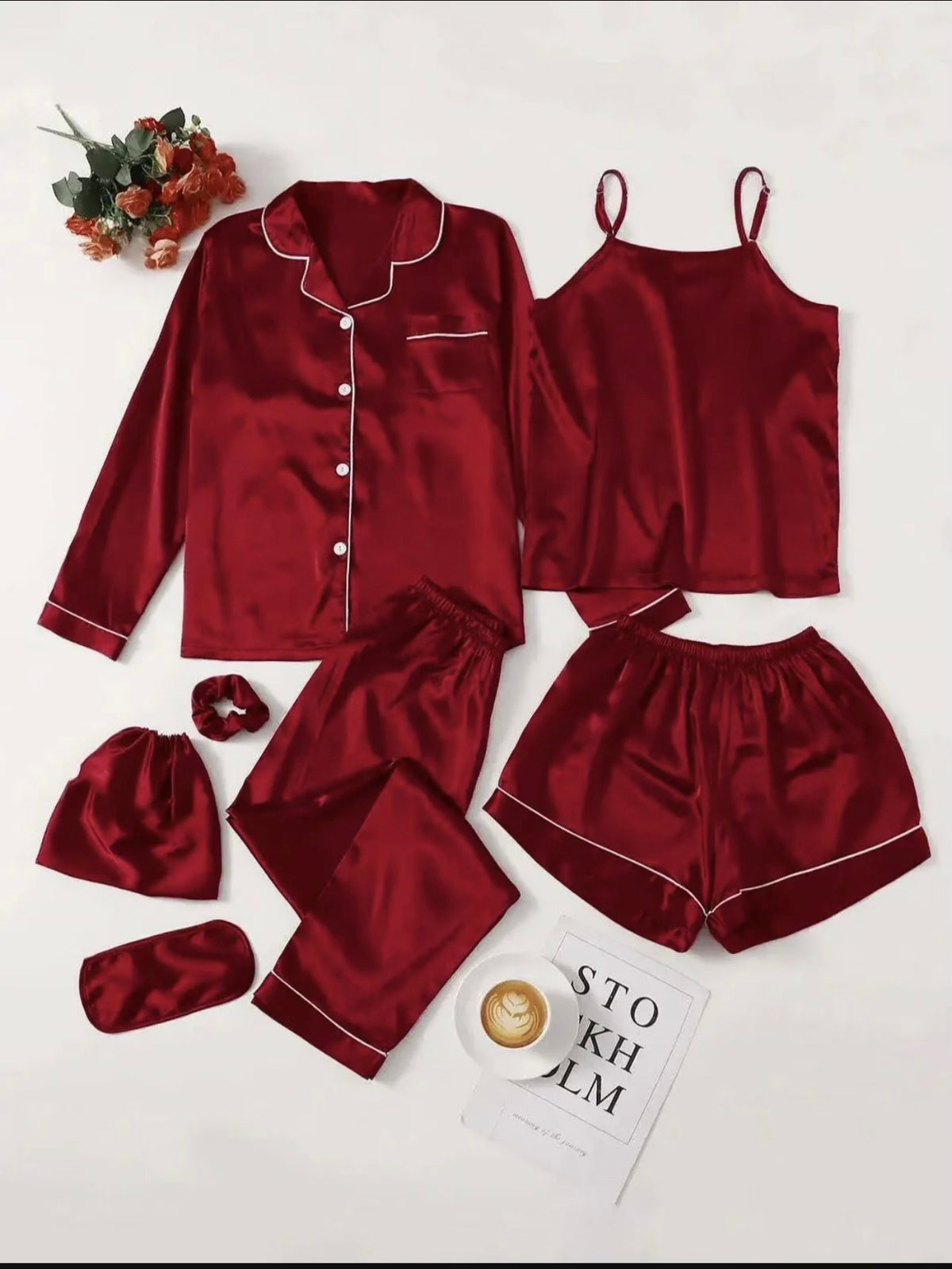 7 Pcs Women's Shamose Silk Nightwear Set | Camisole, Shirt, Trouser & Shorts | Piping Work Sleepwear | Scrunch, Eye Mask & Potli Bag | Luxury Night Suit