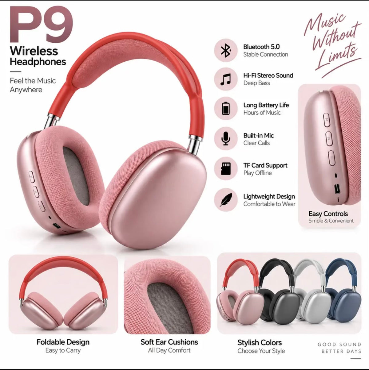 P9 Wireless Bluetooth Headphones - Stereo Sound, Deep Bass & Foldable Design