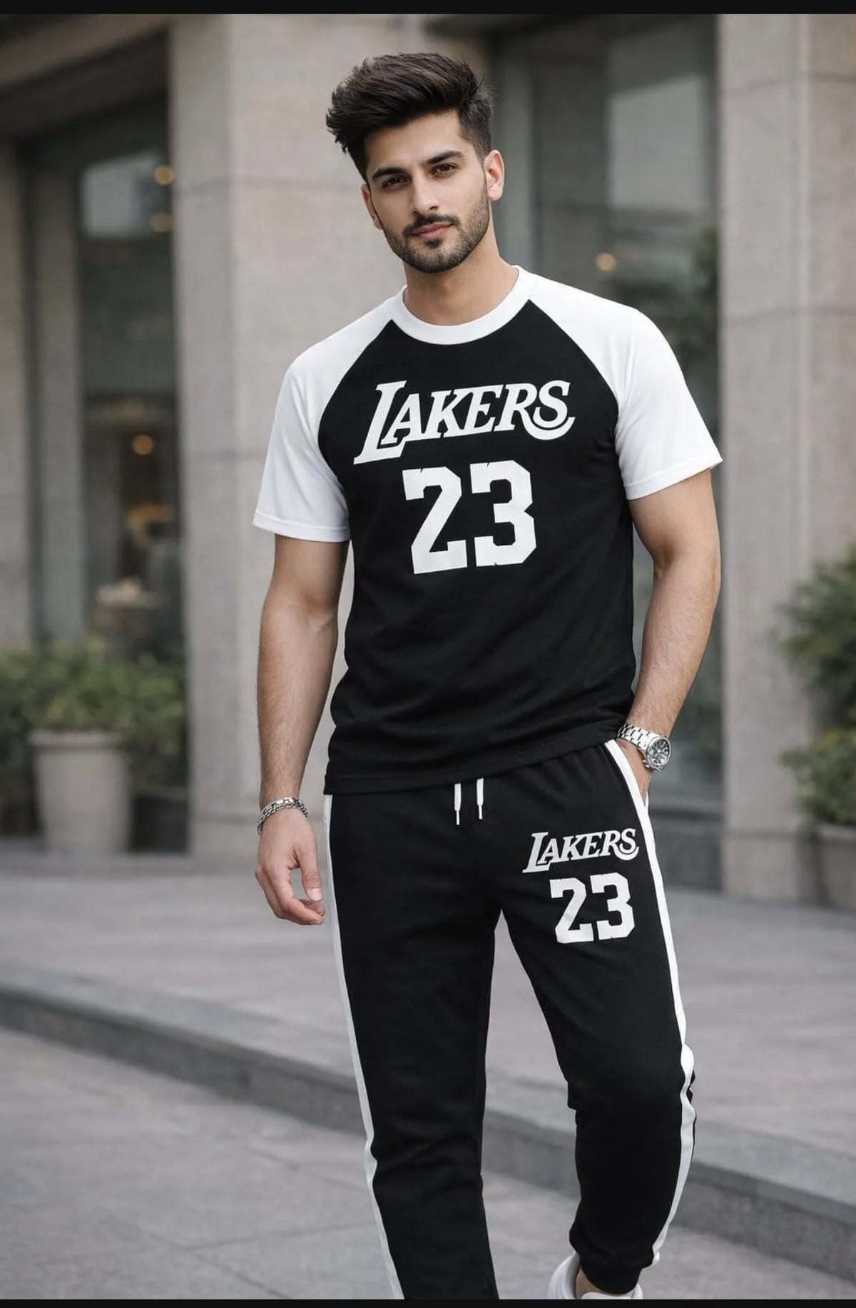 Men's Lakers 23 Printed Cotton Track Suit Black White
Stripe