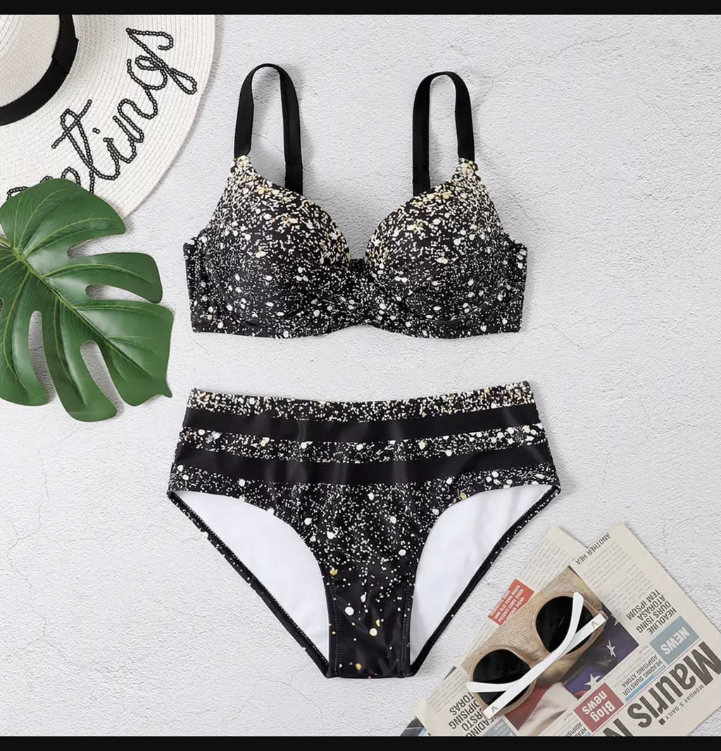 Black Sparkly Star Print Split Bikini Set