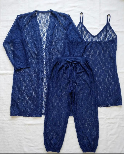 3 Pcs Net Lace Comfortable And Lightweight Lingerie Set /
Transparent Nighty (Gown Inner Trouser)
