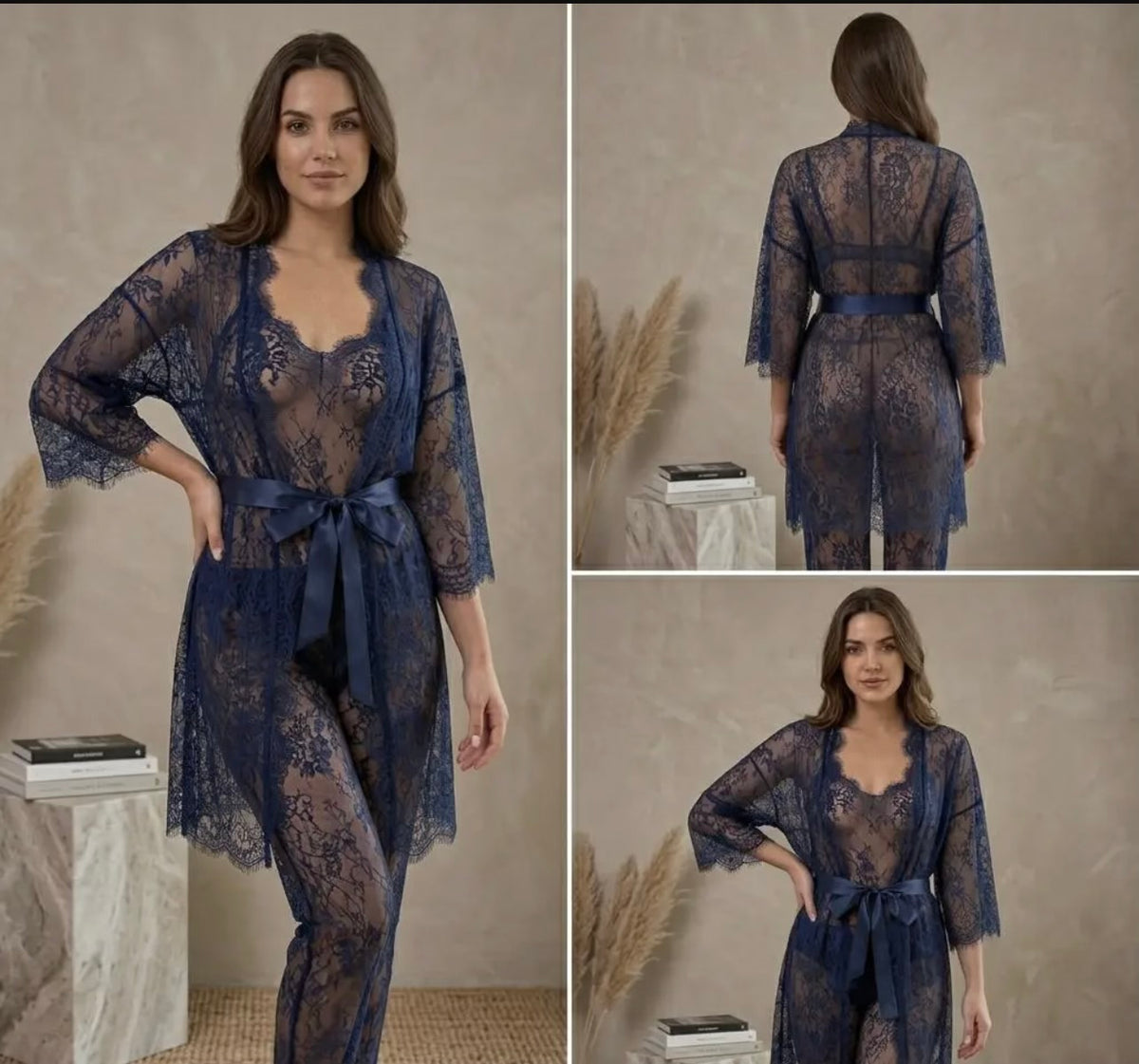 3 Pcs Net Lace Comfortable And Lightweight Lingerie Set /
Transparent Nighty (Gown Inner Trouser)