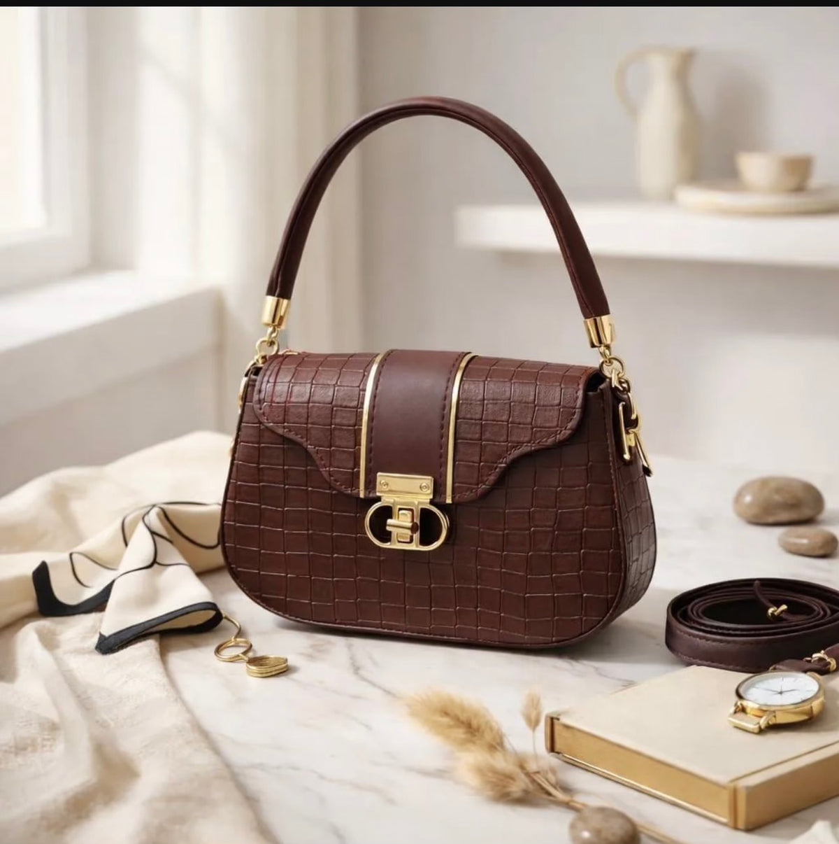 Maroon Leather Shoulder Bag for Women