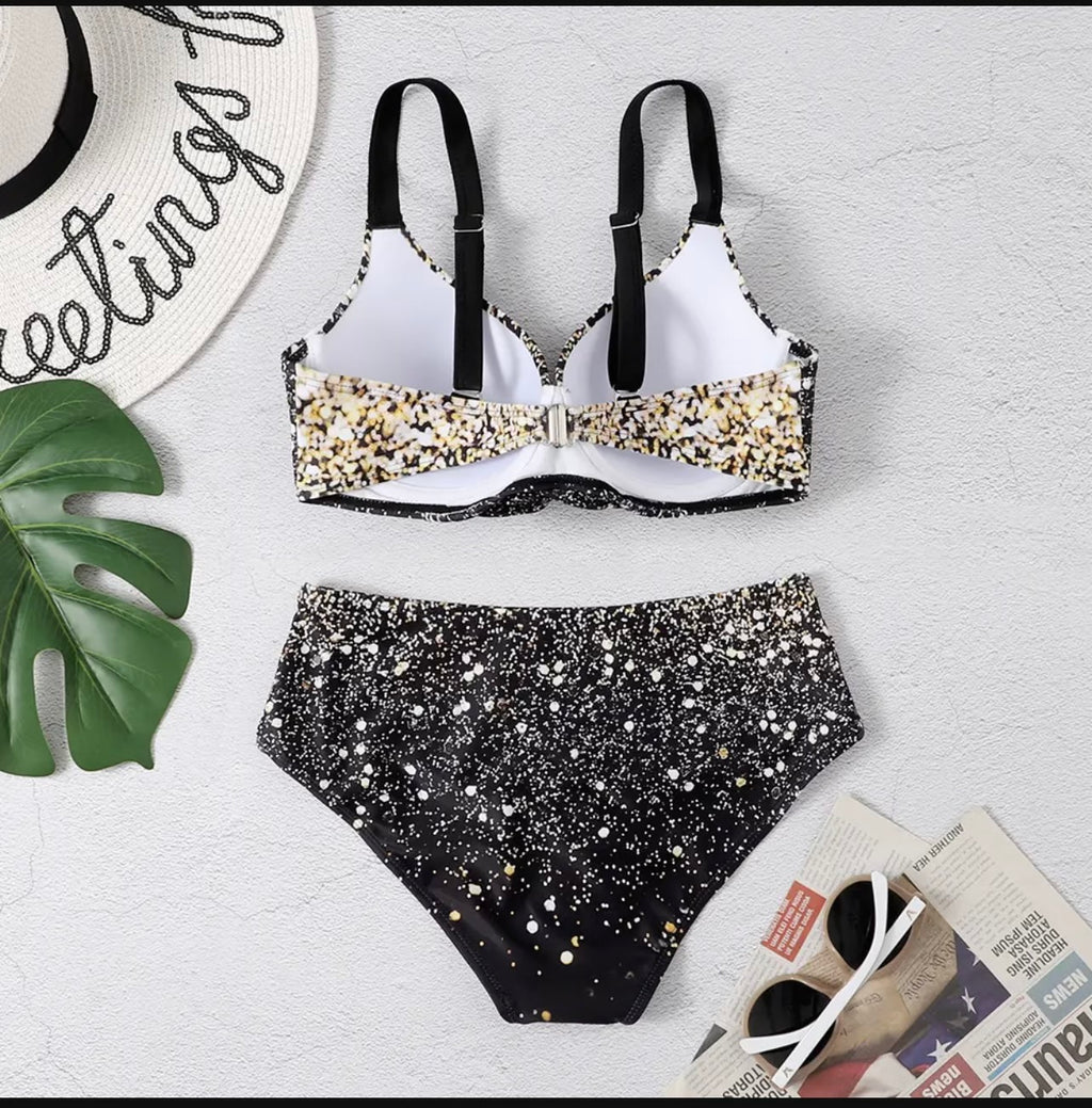 Black Sparkly Star Print Split Bikini Set