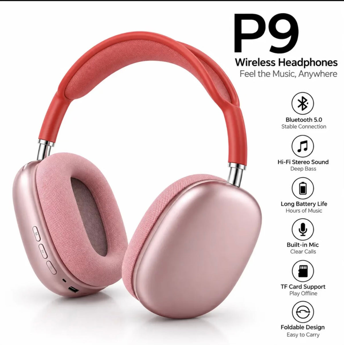 P9 Wireless Bluetooth Headphones - Stereo Sound, Deep Bass & Foldable Design