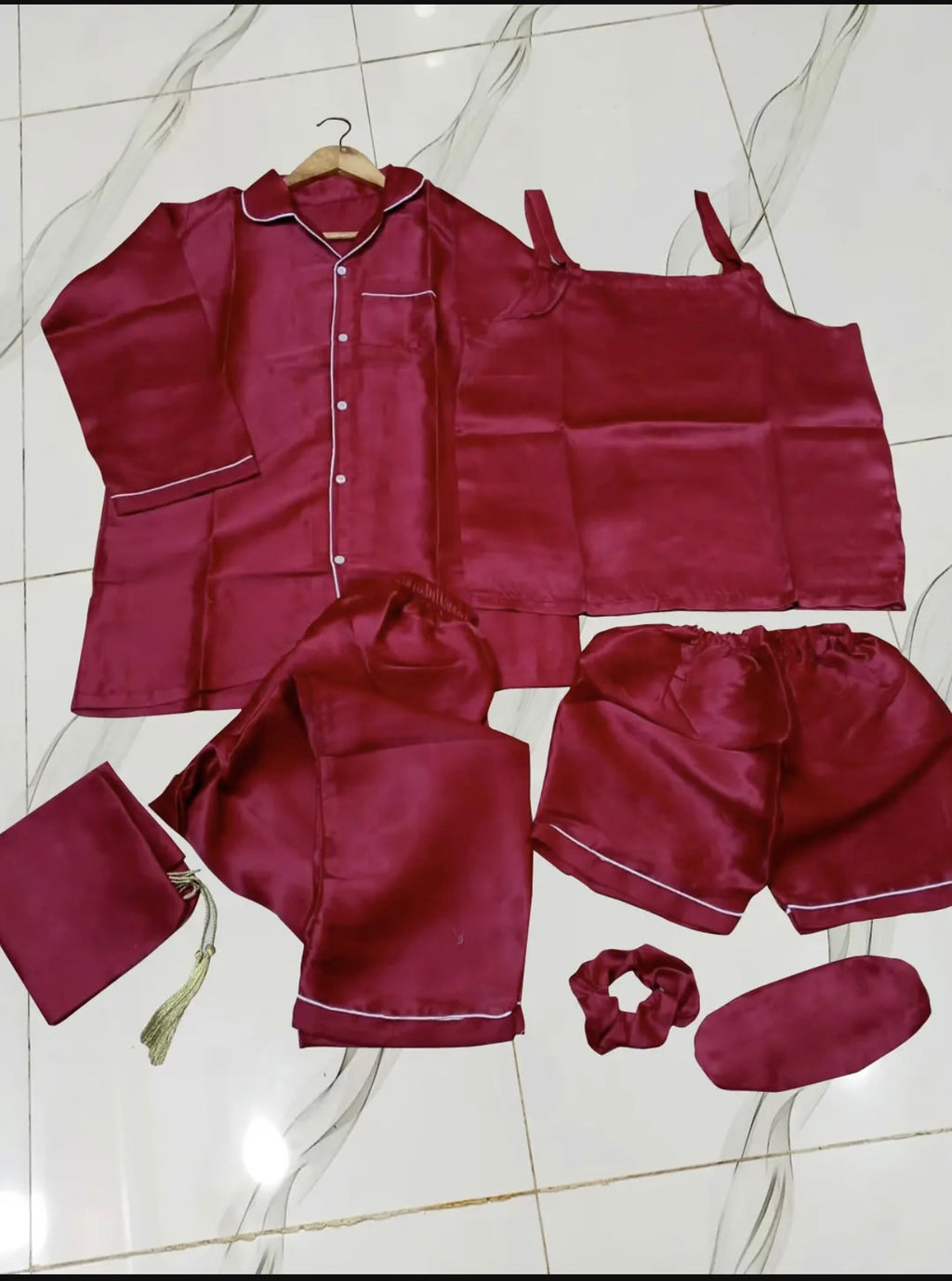 7 Pcs Women's Shamose Silk Nightwear Set | Camisole, Shirt, Trouser & Shorts | Piping Work Sleepwear | Scrunch, Eye Mask & Potli Bag | Luxury Night Suit