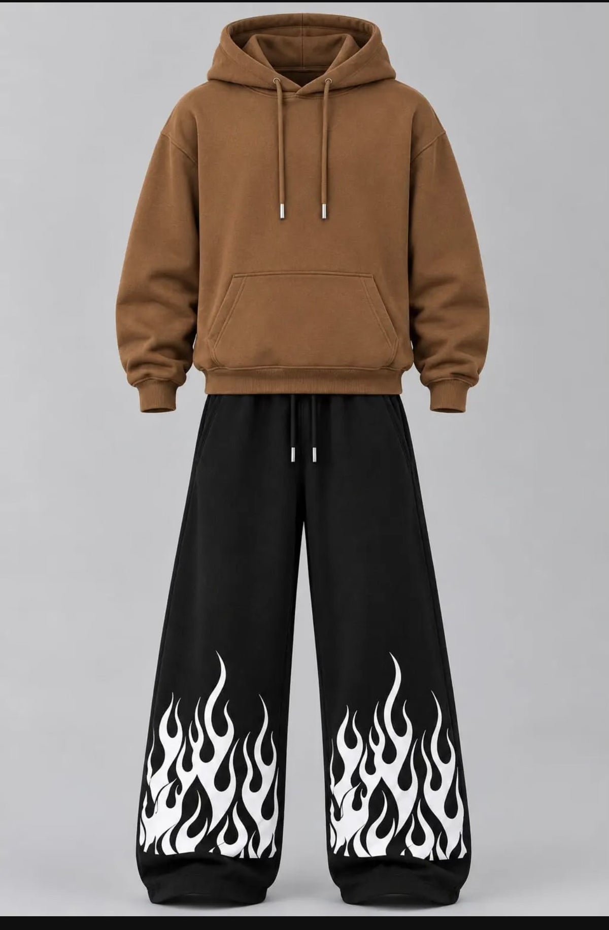Brown Hoodie & Black Flame Print Wide-Leg Trouser Set