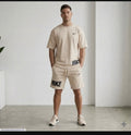 Men Dri Fit Printed Track Suit Beige Slim Fit 2 Pcs