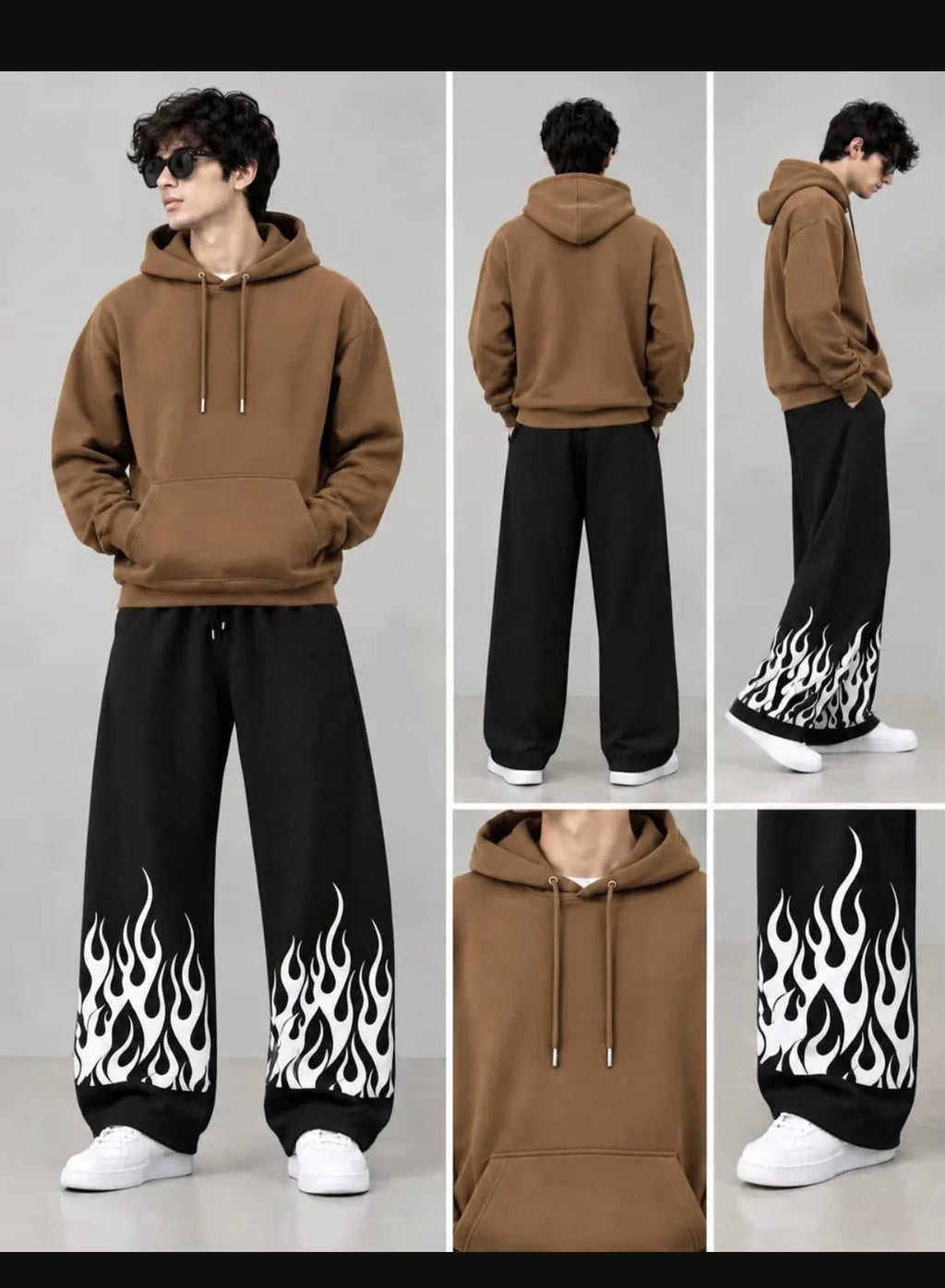 Brown Hoodie & Black Flame Print Wide-Leg Trouser Set