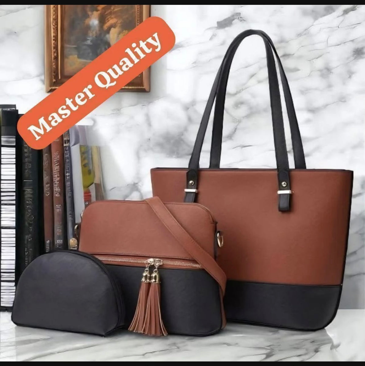 3-Piece Brown Black Luxury Tote Set for Women