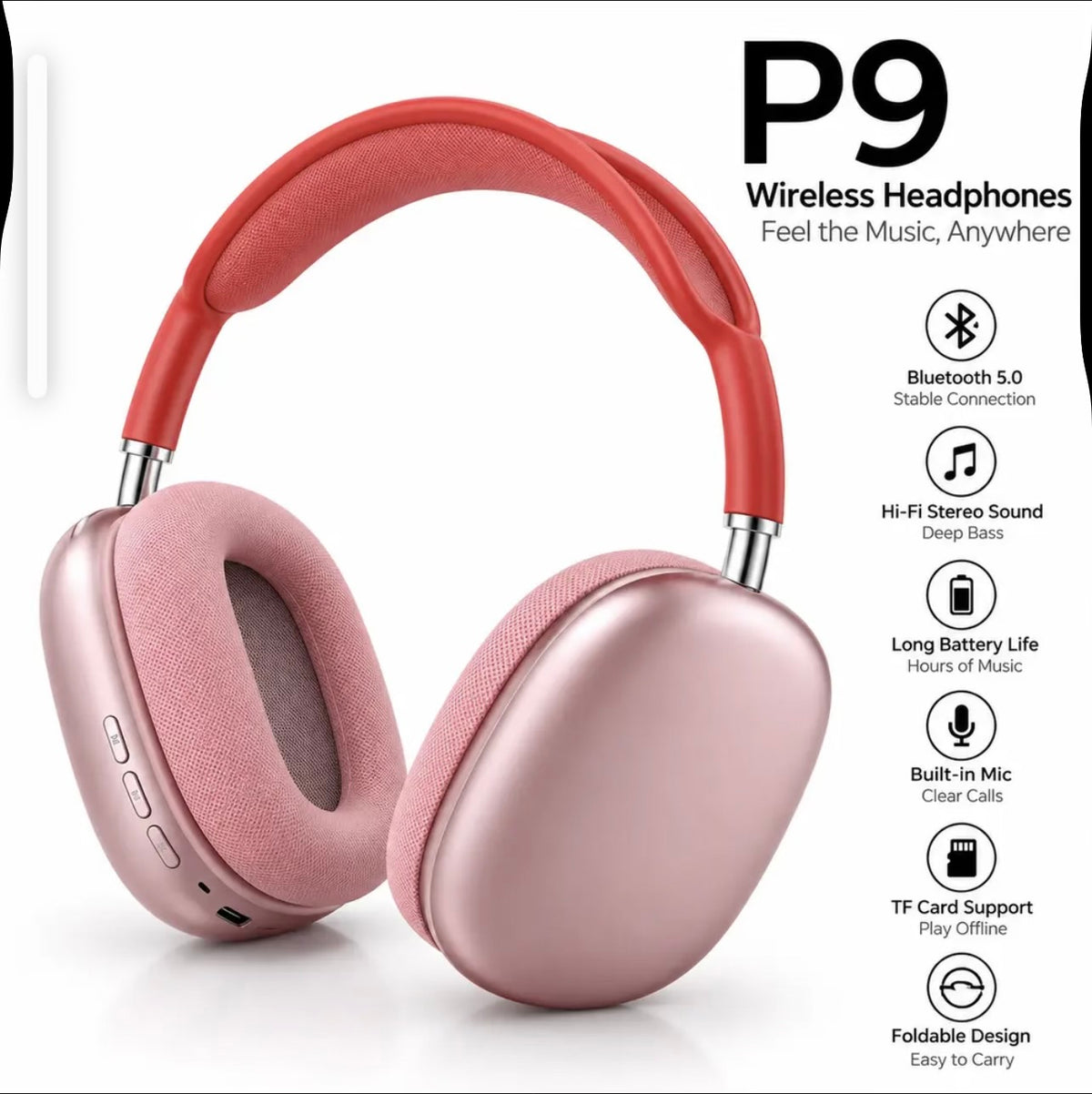 P9 Wireless Bluetooth Headphones - Stereo Sound, Deep Bass & Foldable Design