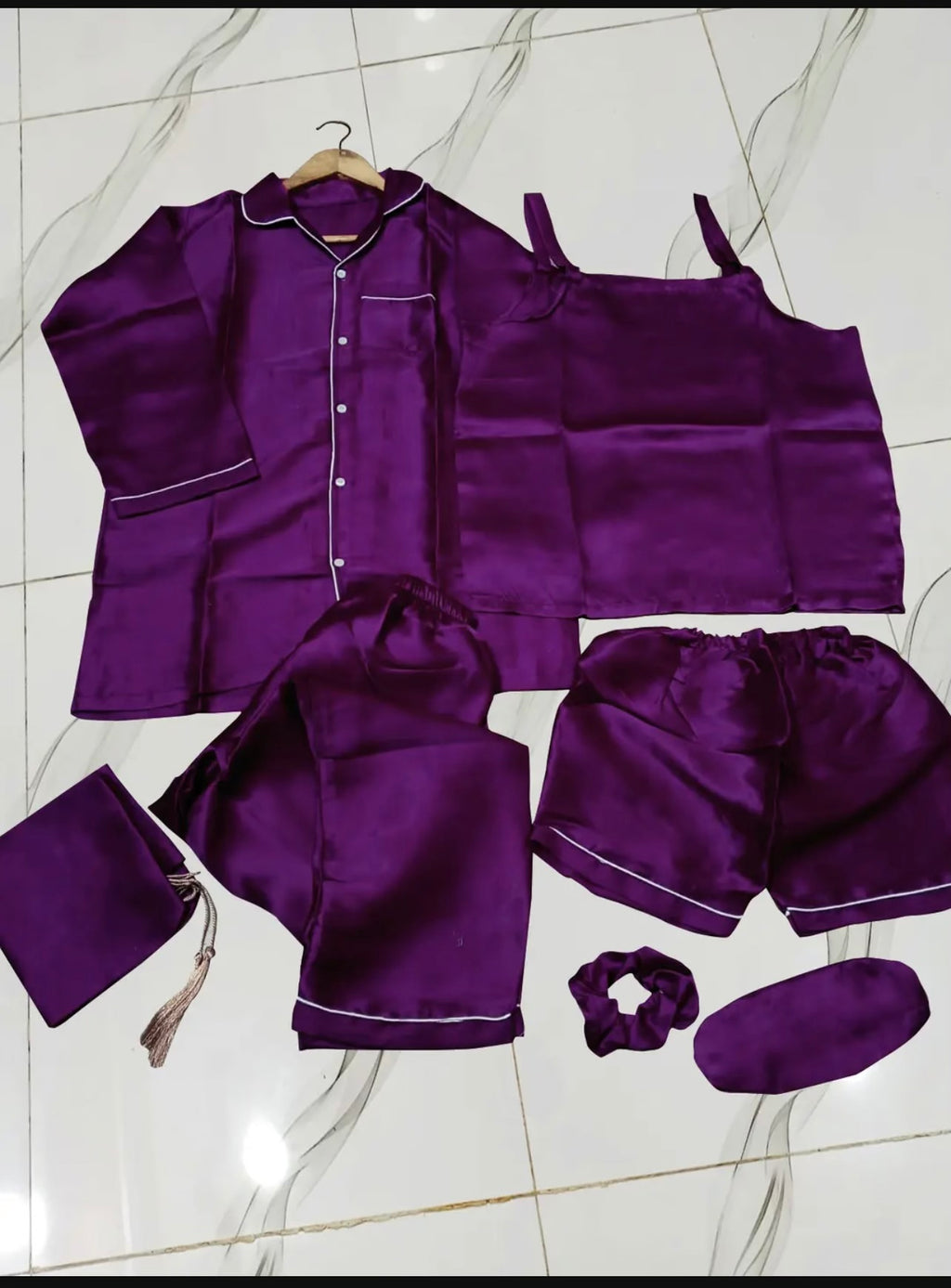 7 Pcs Women's Shamose Silk Nightwear Set | Camisole, Shirt, Trouser & Shorts | Piping Work Sleepwear | Scrunch, Eye Mask & Potli Bag | Luxury Night Suit