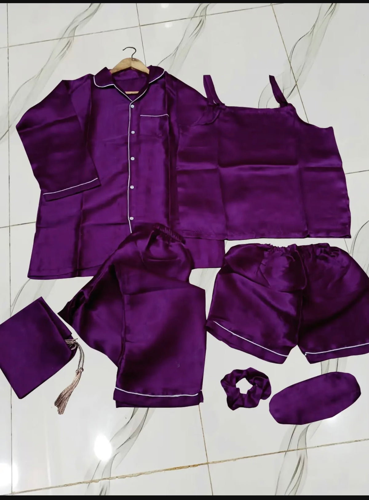 7 Pcs Women's Shamose Silk Nightwear Set | Camisole, Shirt, Trouser & Shorts | Piping Work Sleepwear | Scrunch, Eye Mask & Potli Bag | Luxury Night Suit