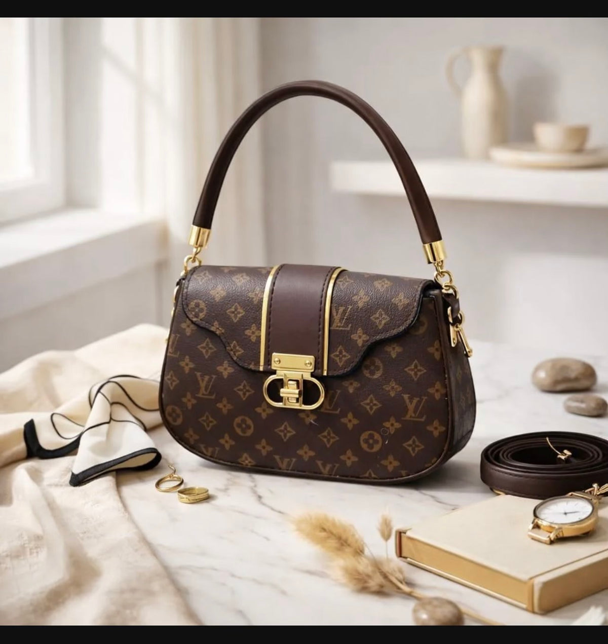 Women's Brown Leather Shoulder Bag with Chain Strap