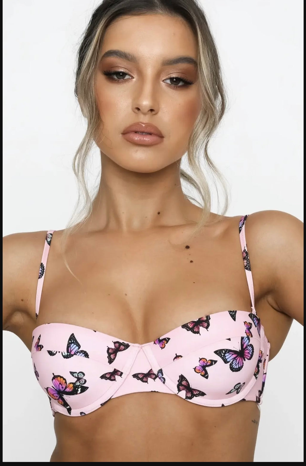 Women Split Bikini Steel Bracket Butterfly Print Pink