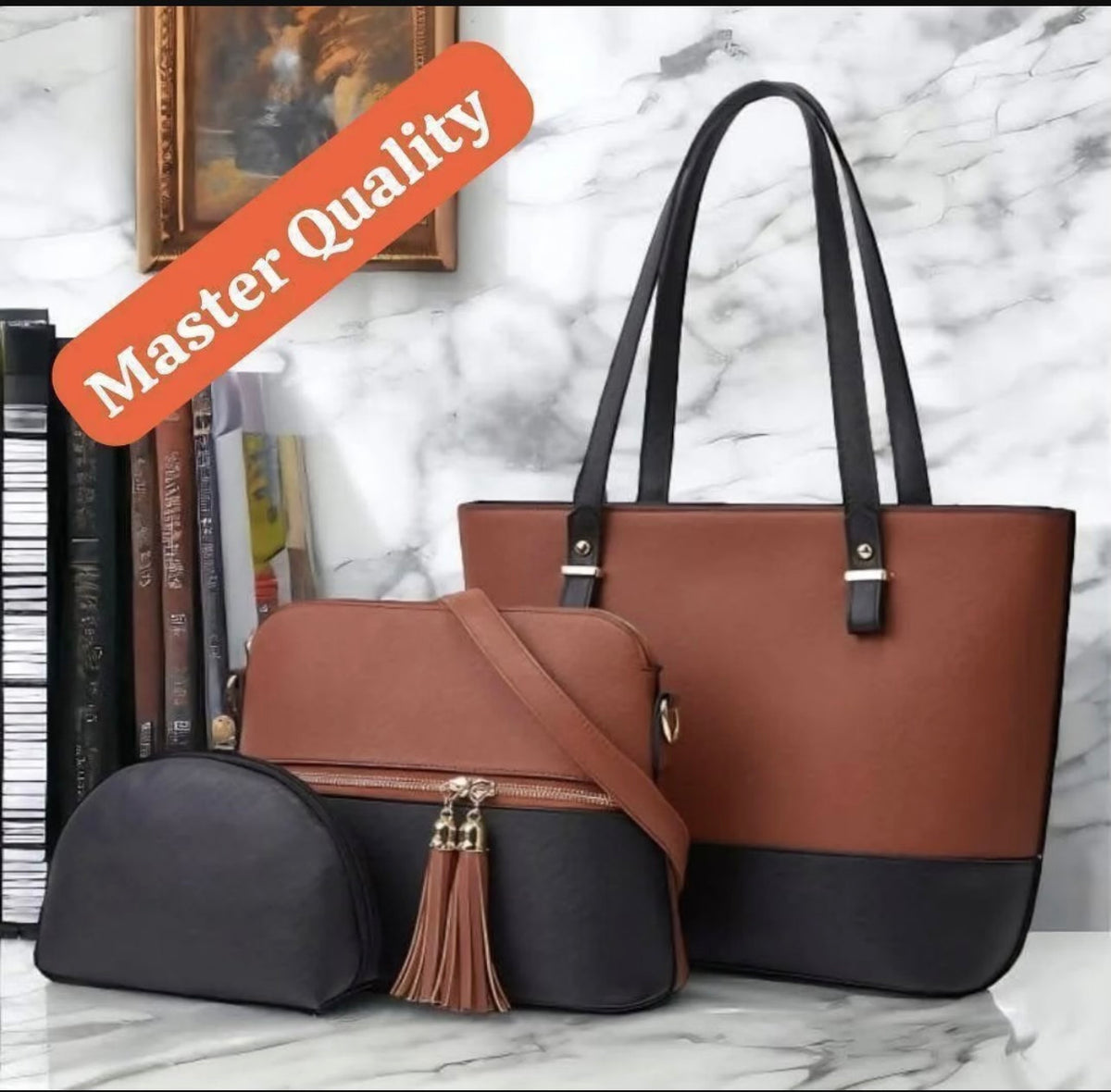 3-Piece Brown Black Luxury Tote Set for Women